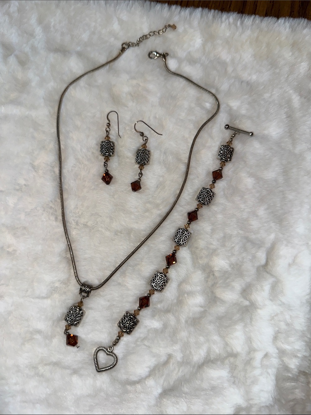 Silver-Tone Necklace, Bracelet & Earrings Set with Amber Accents